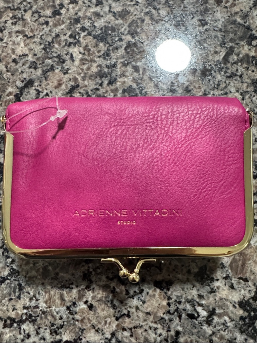 NEW- Adrienne Vittadini Hot Pink Vegan Kiss-Lock Frame Clutch with Gold Trim